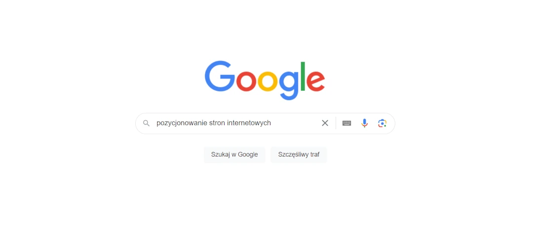 Wyszukiwarka Google z wpisanym zapytaniem 'pozycjonowanie stron internetowych' w pasku wyszukiwarki