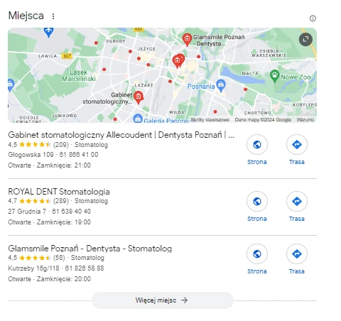 Wyniki wyszukiwania Google dla frazy 'dentysta Poznań' przedstawiające mapę z zaznaczonymi gabinetami stomatologicznymi w Poznaniu, z ocenami, godzinami otwarcia i linkami do stron
