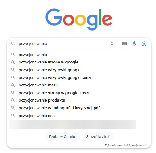 Okno wyszukiwarki Google z wpisanym zapytaniem 'pozycjonowanie', wyświetlające rozwijaną listę sugestii, takich jak 'pozycjonowanie strony w google' czy 'pozycjonowanie produktu'