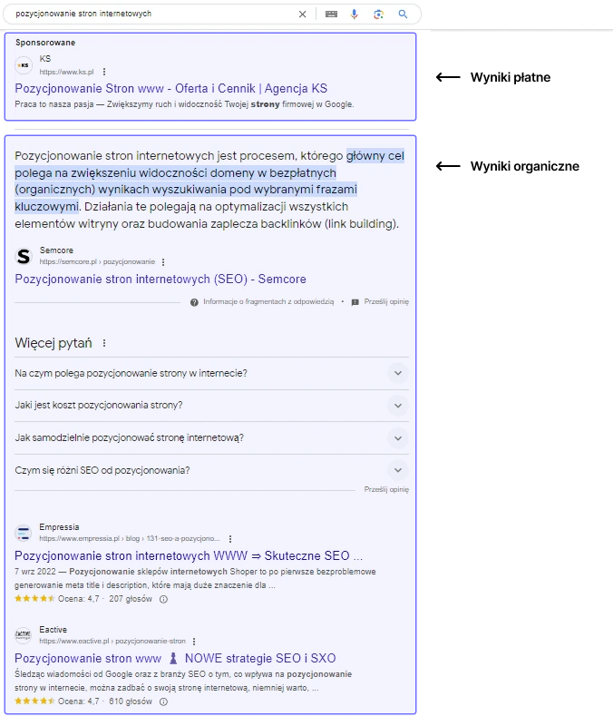 Wyniki wyszukiwania (SERP) dla zapytania: 'pozycjonowanie stron internetowych'