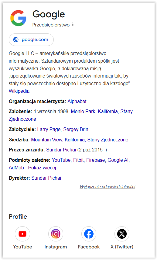 Panel wiedzy Google