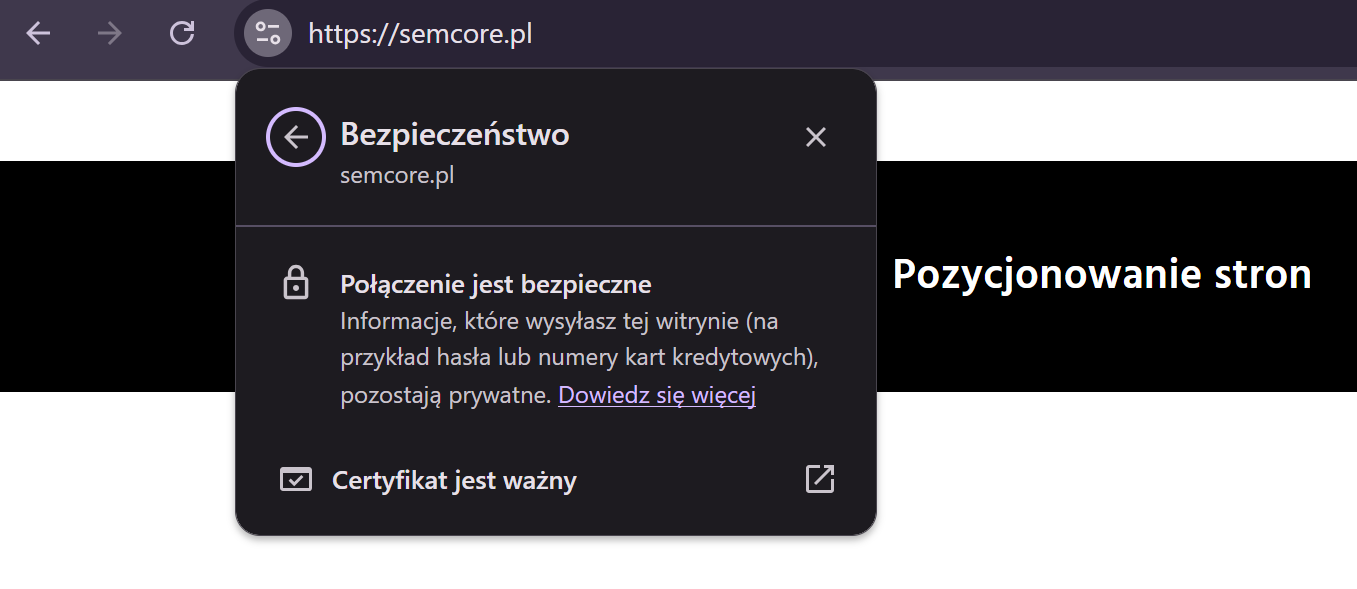W niektórych przeglądarkach obecność protokołu SSL możesz sprawdzić w osobnej sekcji „Bezpieczeństwo”