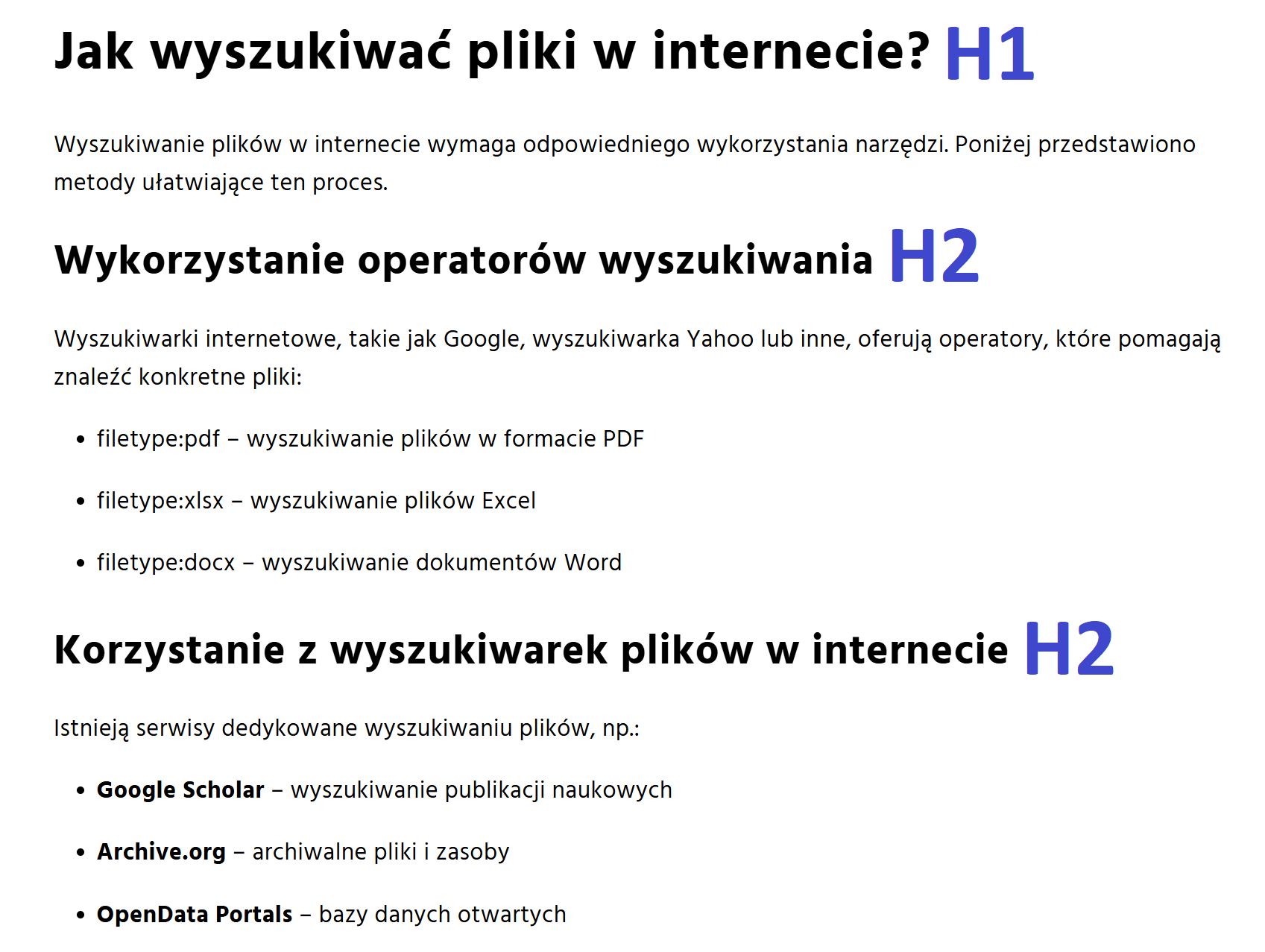 Przykładowe użycie nagłówka H1 oraz nagłówków H2
