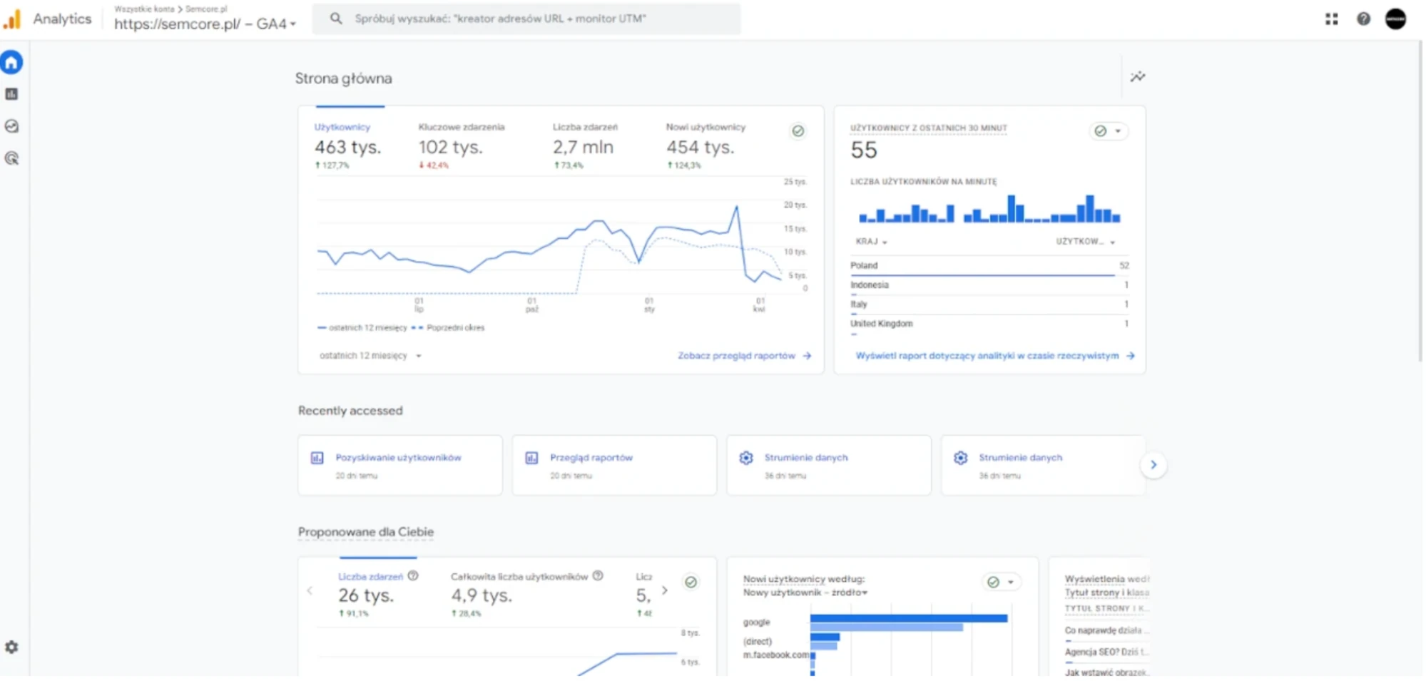Widok panelu Google Analytics (GA4)