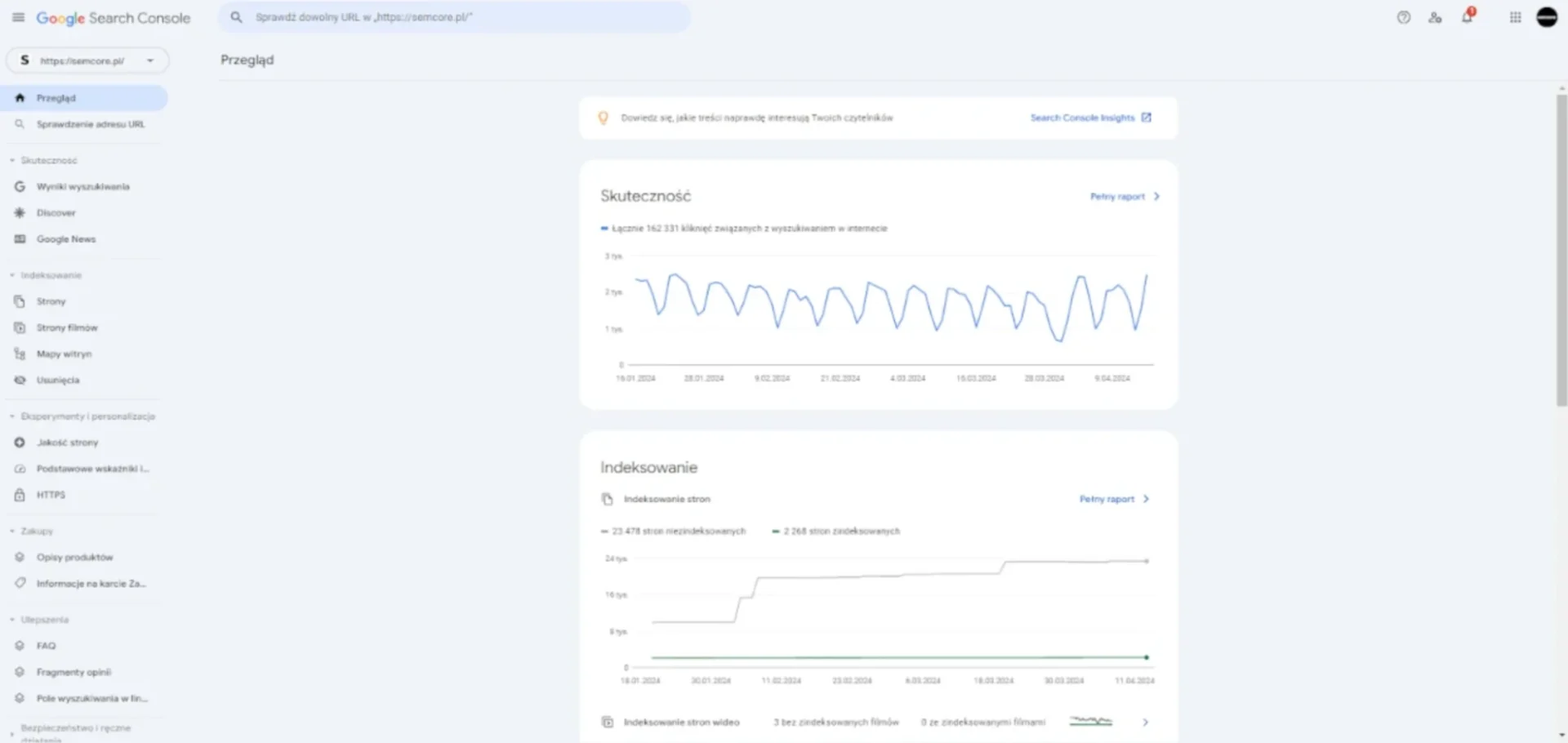Widok panelu Google Search Console