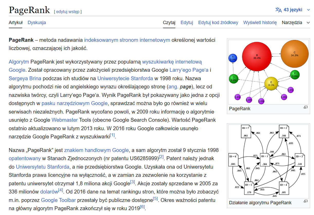 Screen hasła „PageRank” z Wikipedii