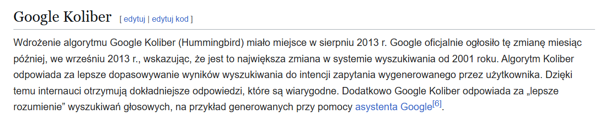 Screen fragmentu hasła „Algorytm Google” z opisem algorytmu koliber w Wikipedii